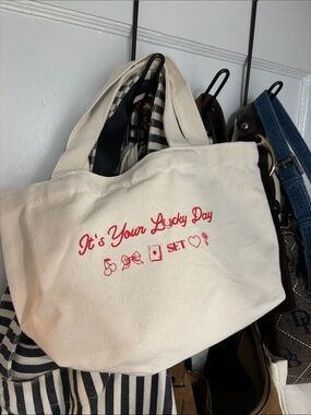 SET Active Canvas Mini Tote Bag "It's Your Lucky Day" in Cream with Red Print